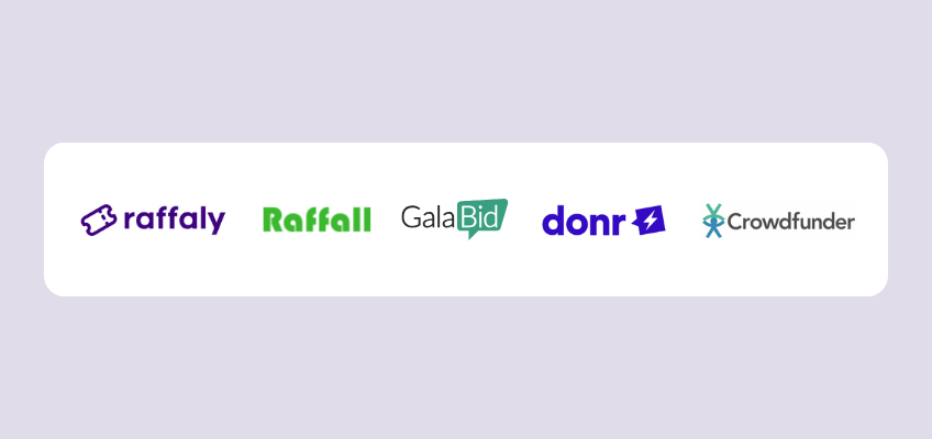 Logos of Raffaly, Raffall, GalaBid, Donr and Crowdfunder